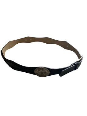Black Western Concho Leather Belt With Silver Buckle & Braided Details